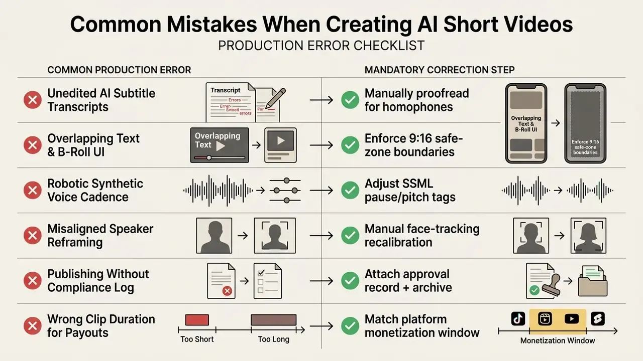 Comparison table mapping common production errors to their corresponding mandatory correction steps