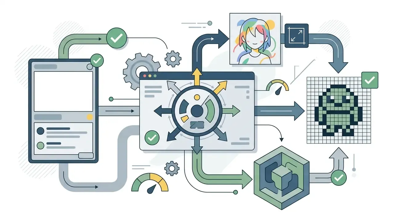 Central processing hub connecting user inputs to various output styles like anime, 3D models, and pixel art