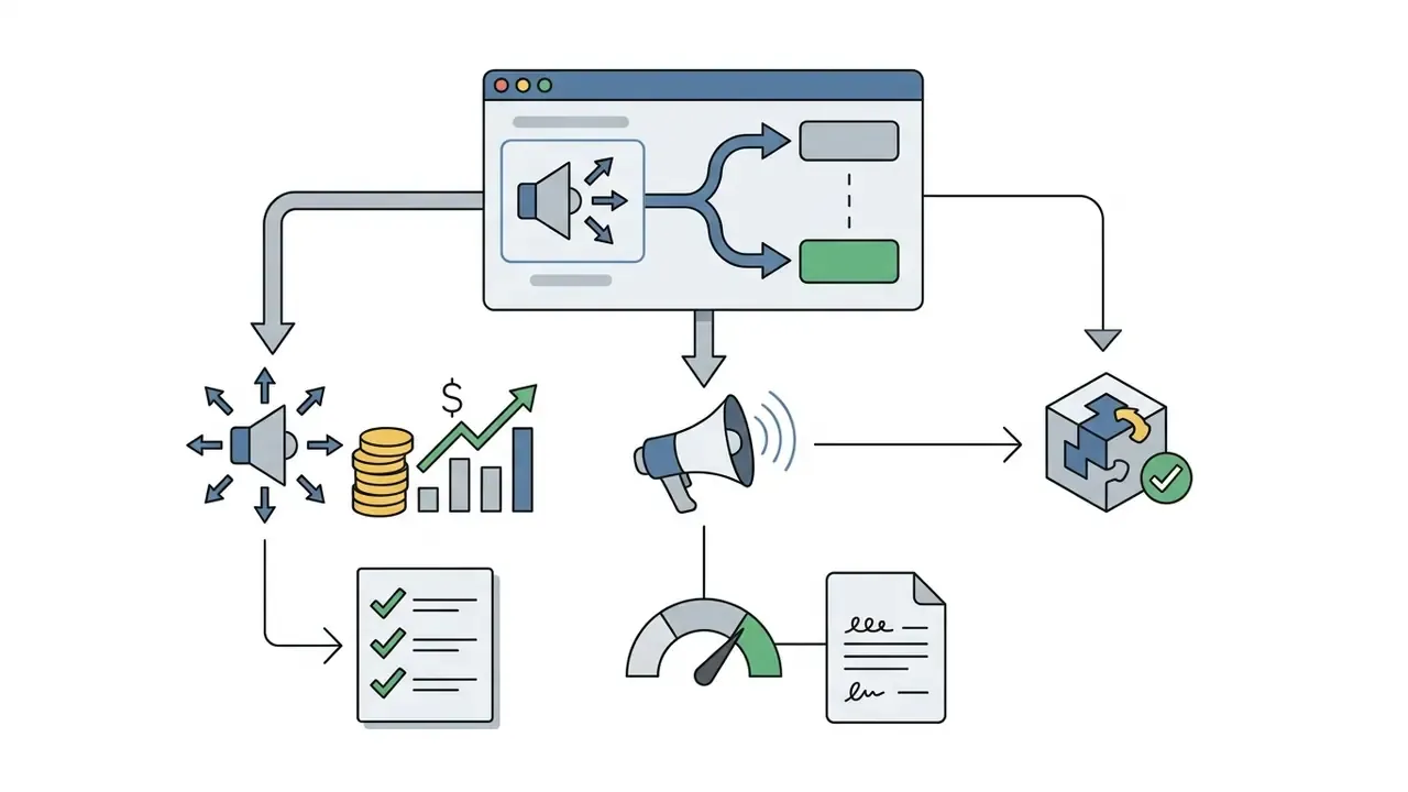 Browser window branching into icons for monetization, promotion, and product integration pathways