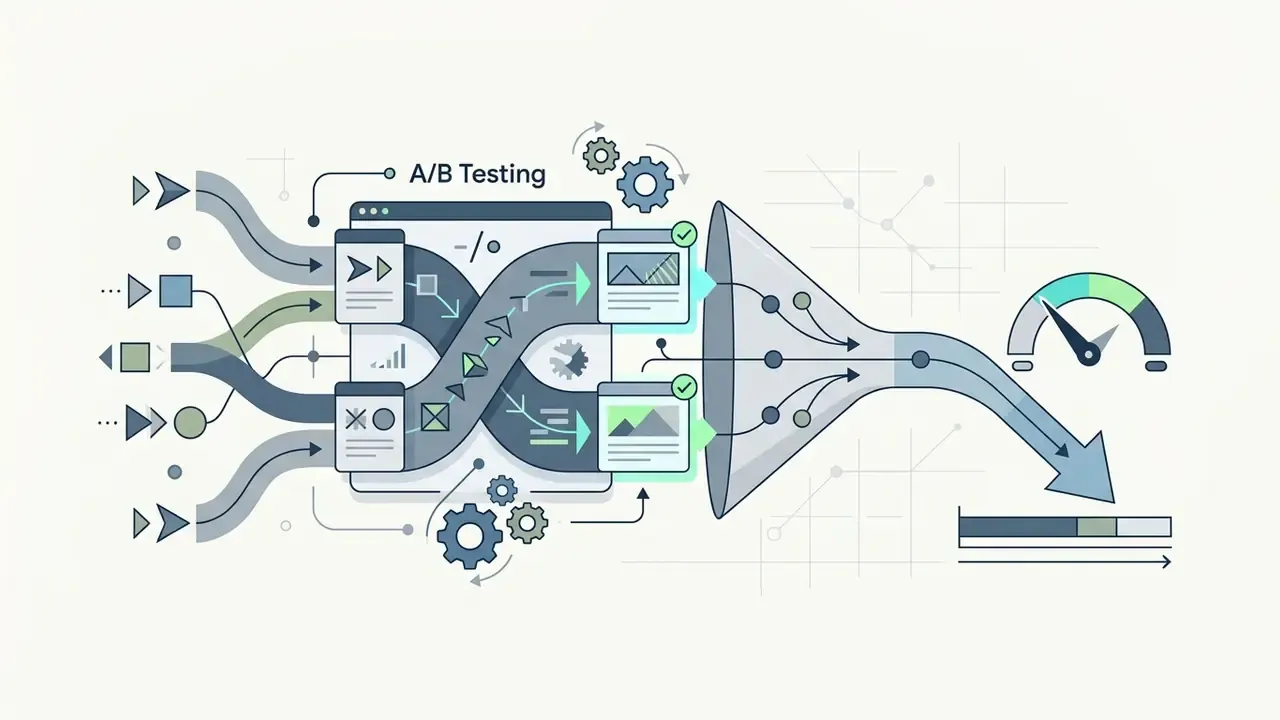 Process flow showing A/B testing of marketing assets passing through a funnel to optimize performance results