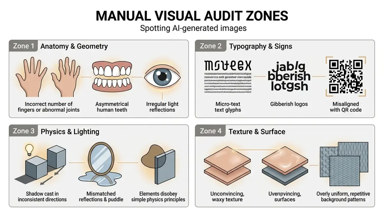 Four categories of visual indicators for identifying AI vs real image content through anatomy and physics