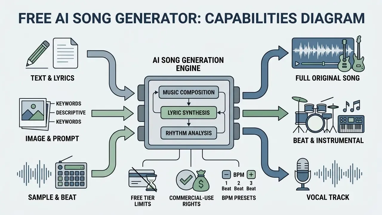Diagram showing how various inputs flow into an AI song generator to produce distinct musical outputs