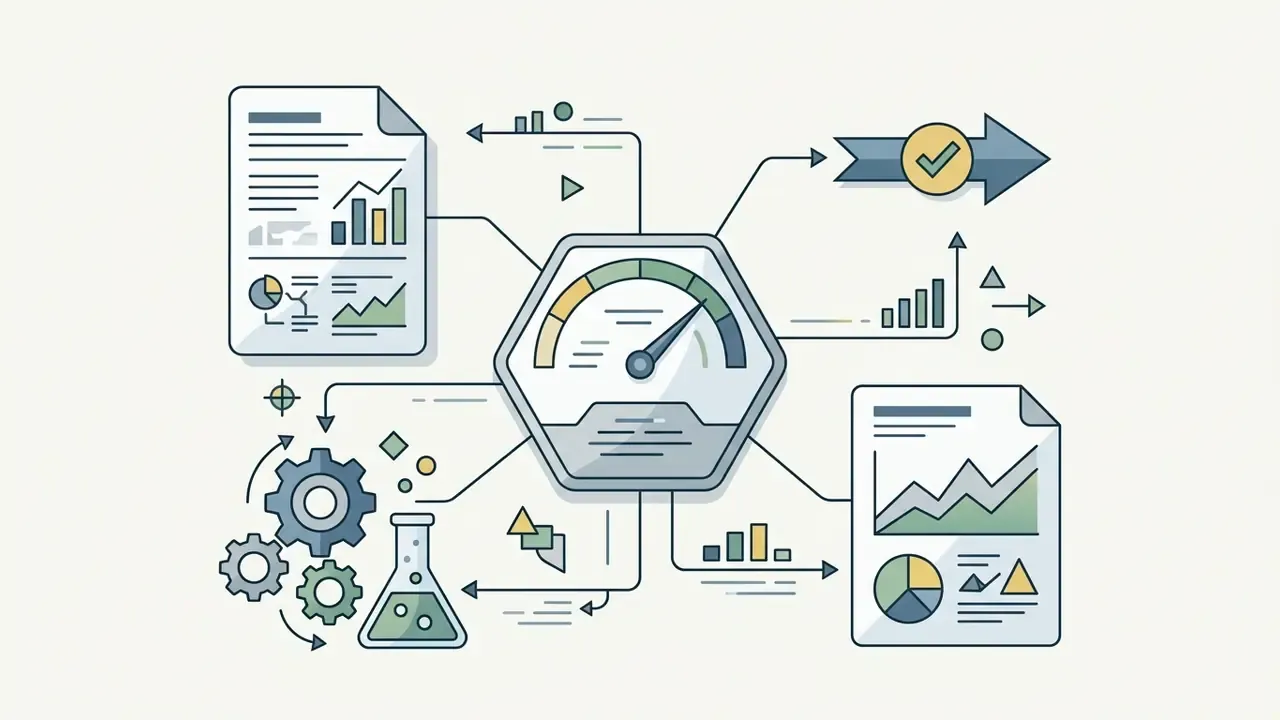 Central gauge icon connected to document reports, mechanical gears, and a chemistry flask