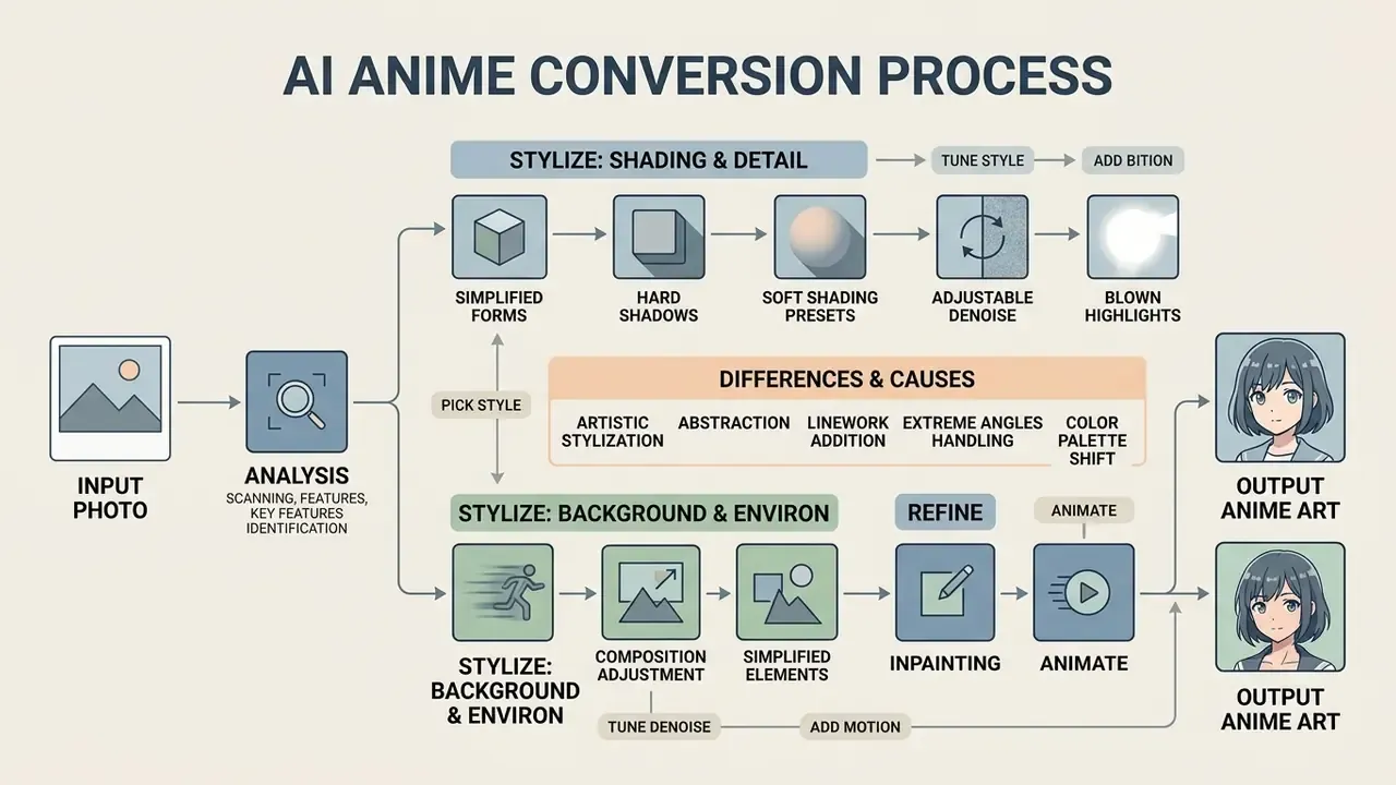 Flowchart mapping the technical steps from photo input to stylized character and background output