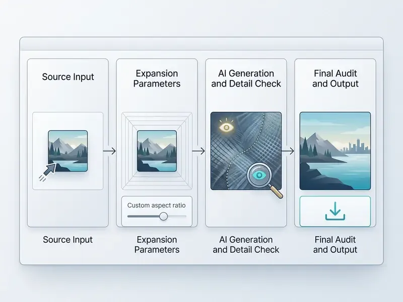 Four step workflow showing image upload, parameter selection, AI generation, and final download