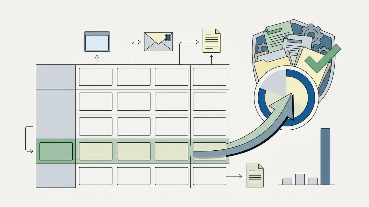 Grid row highlighting a specific task category flowing into a protected document and data analysis icon