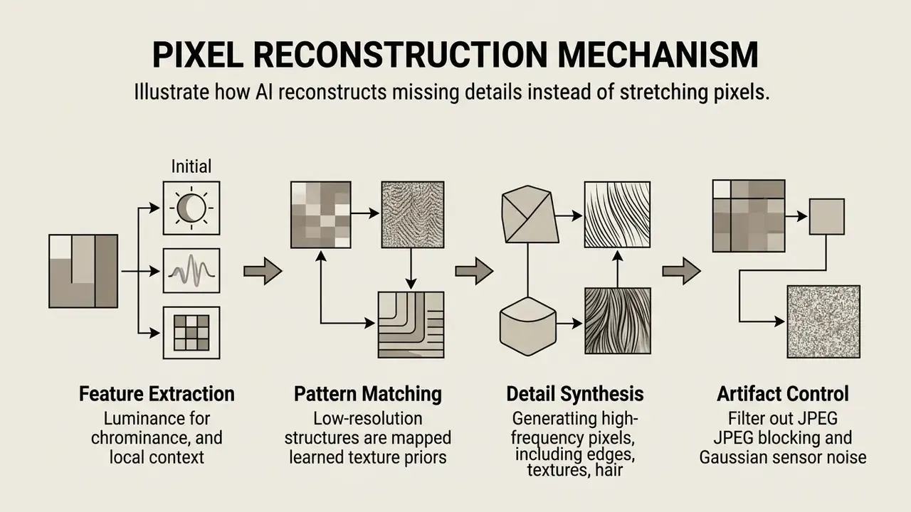 Flowchart detailing the four stages of AI pixel reconstruction from feature extraction to artifact control