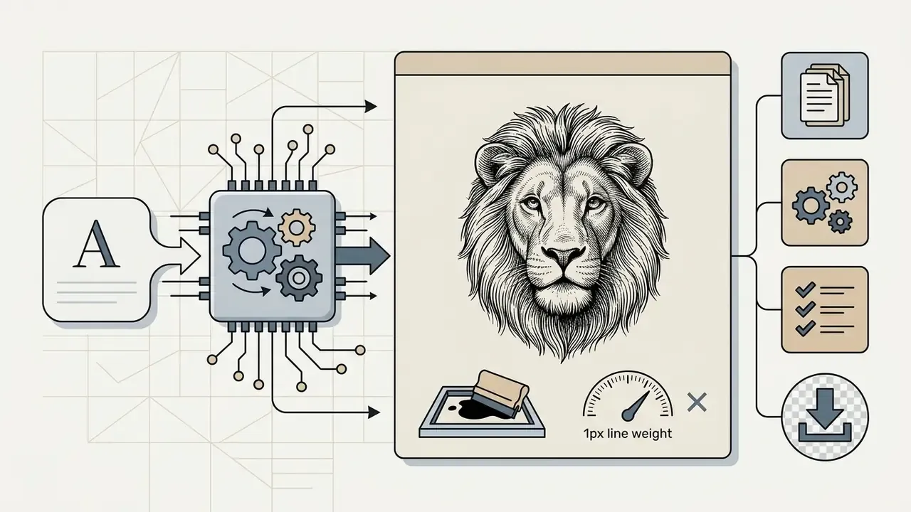 Text prompt entering a gear processor to generate a crosshatched lion head with line weight controls
