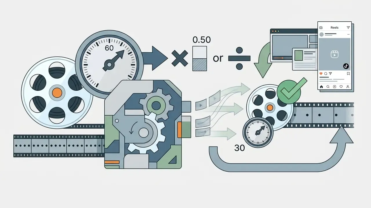 Mechanical gears converting 60 fps source footage into 30 fps video for social media playback