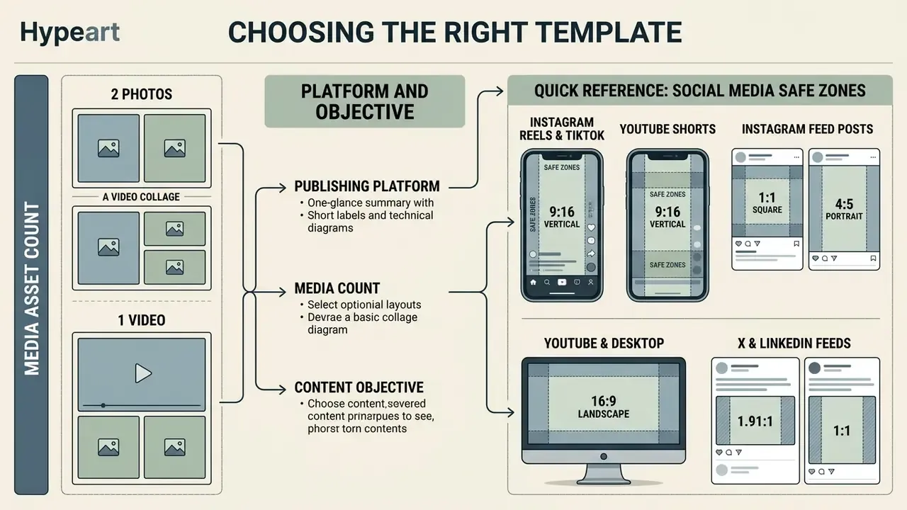Diagram showing media asset layouts and social media aspect ratio safe zones for different platforms