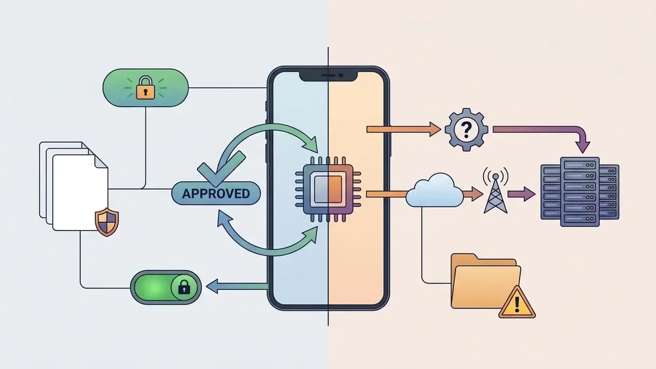 Split view showing on-device processing versus cloud server data transmission for video editing