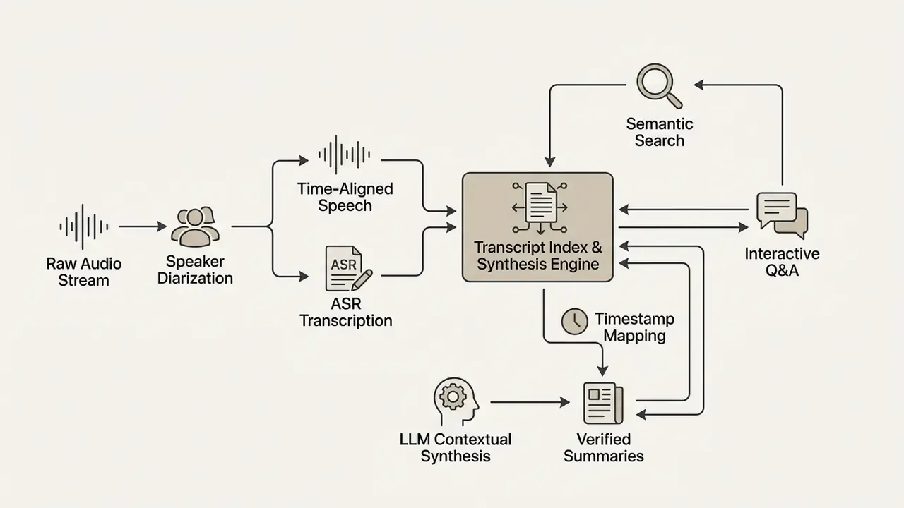Workflow showing audio processing, transcript indexing, semantic search, and LLM-driven summary generation