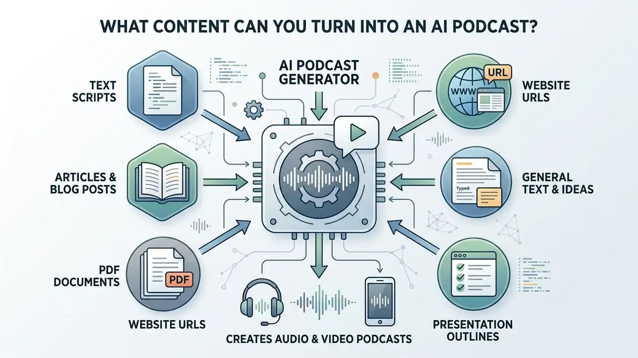 Diagram showing various digital content formats feeding into a central AI podcast generator hub