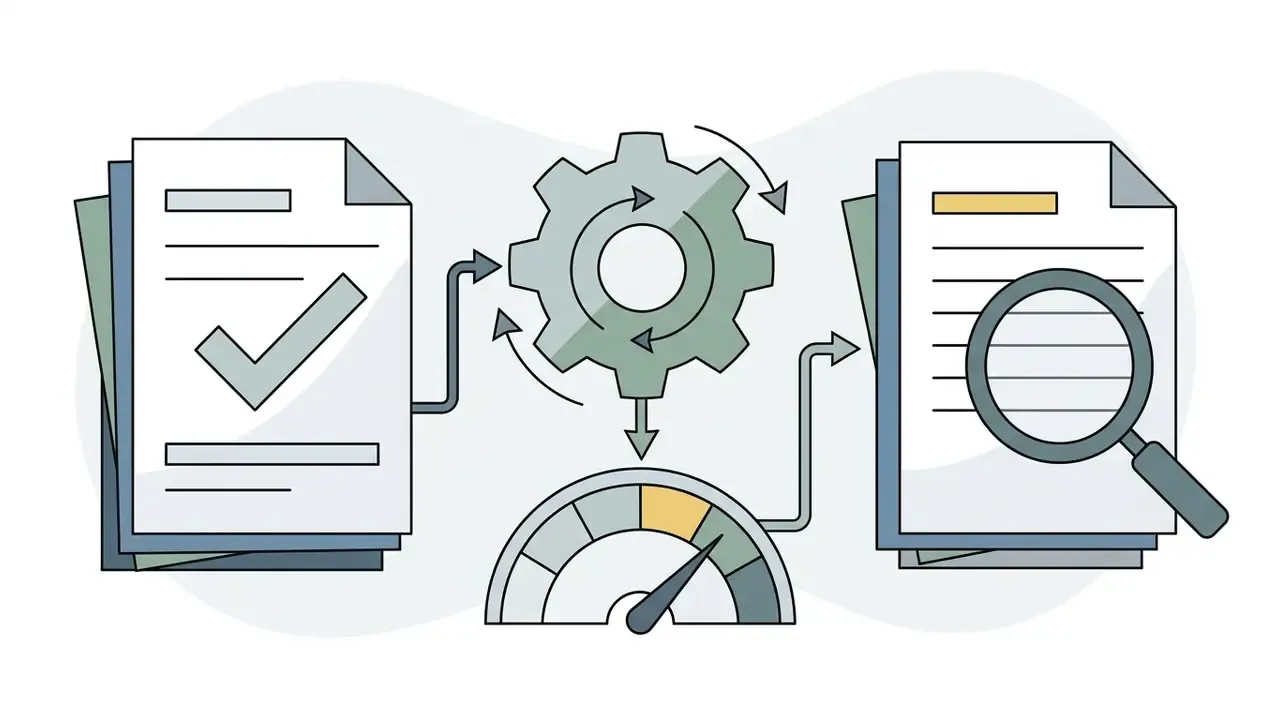 Stack of documents with a checkmark feeding through a gear and gauge into a document under a magnifying glass