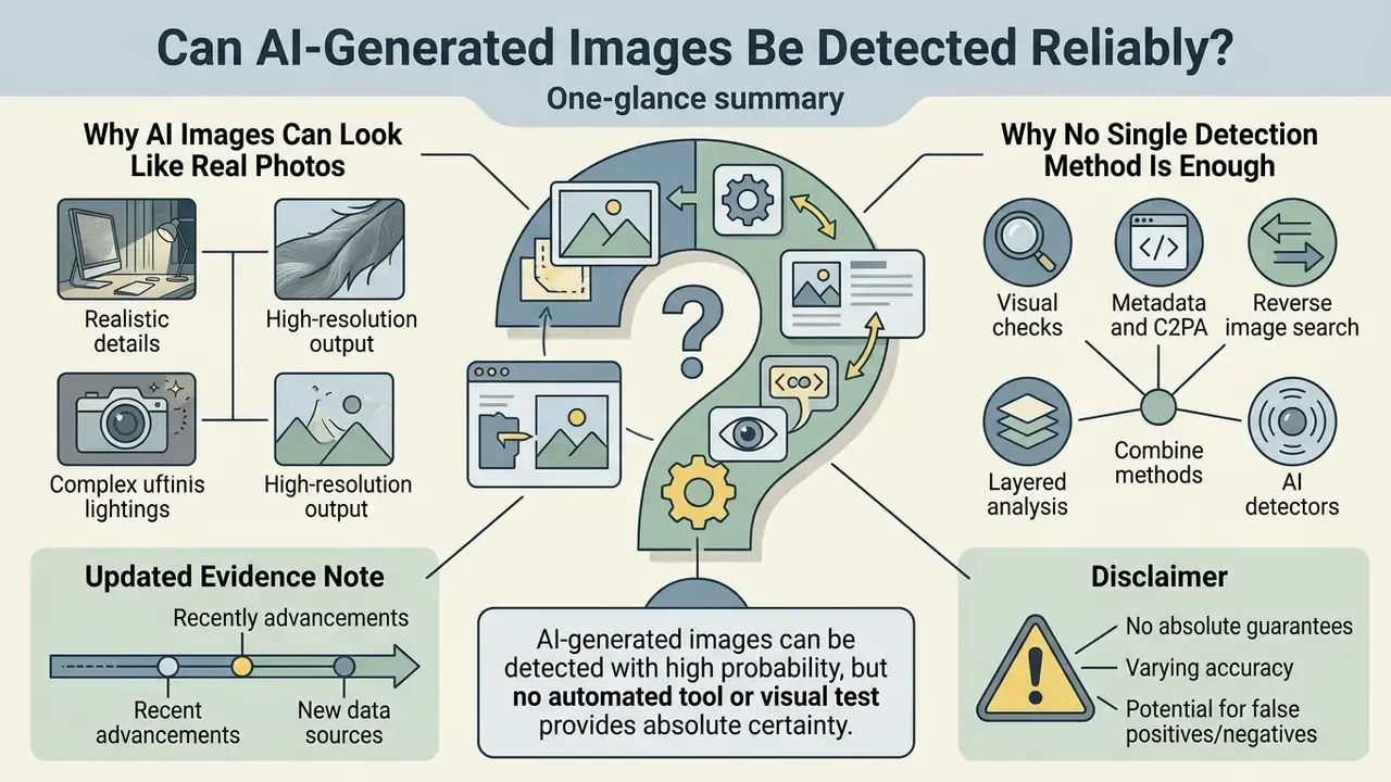 Infographic summarizing factors for identifying AI images including visual cues, detection methods, and risks
