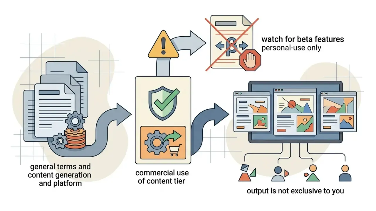Documents and platform terms flowing through a processor to check commercial use and content ownership