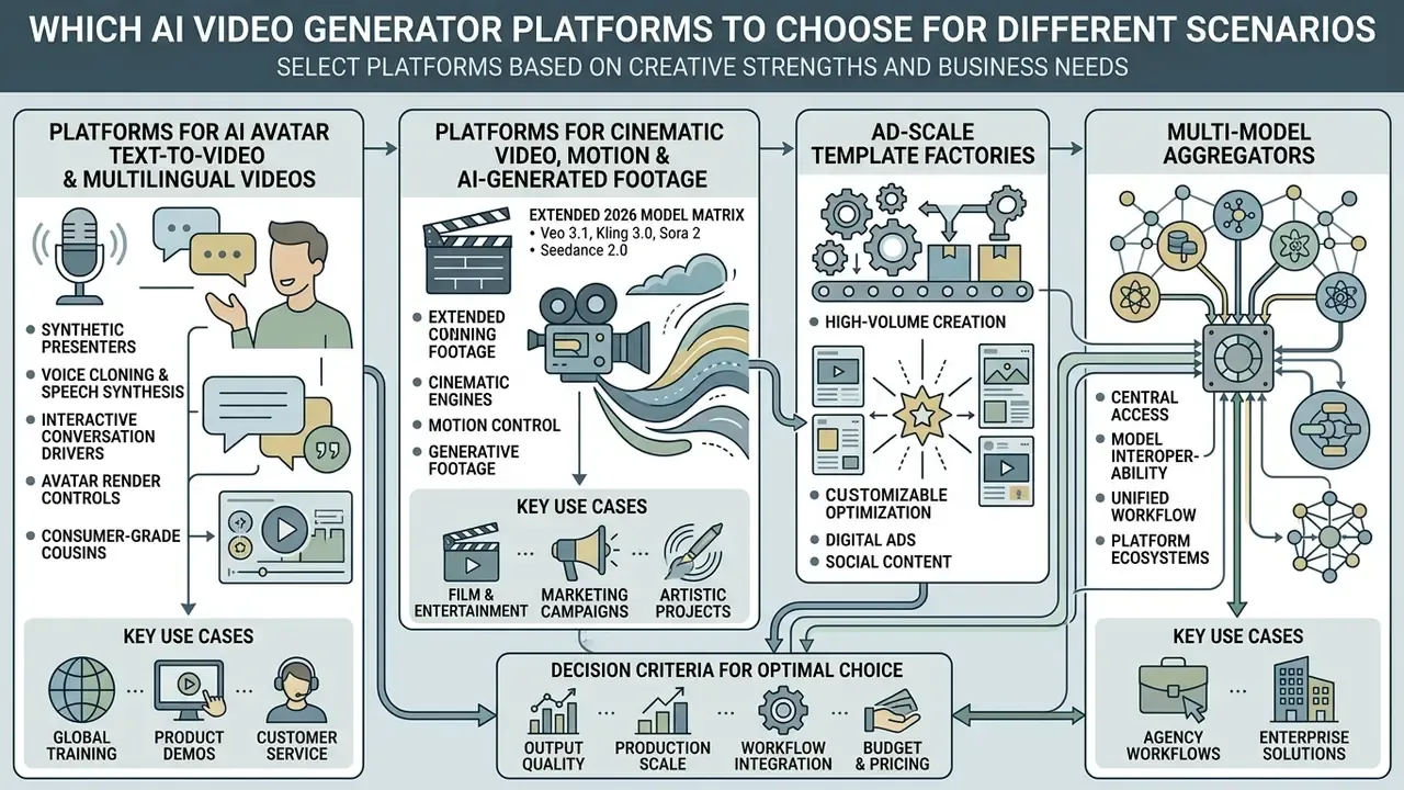 Categorization map showing four distinct types of AI video platforms and their primary use cases