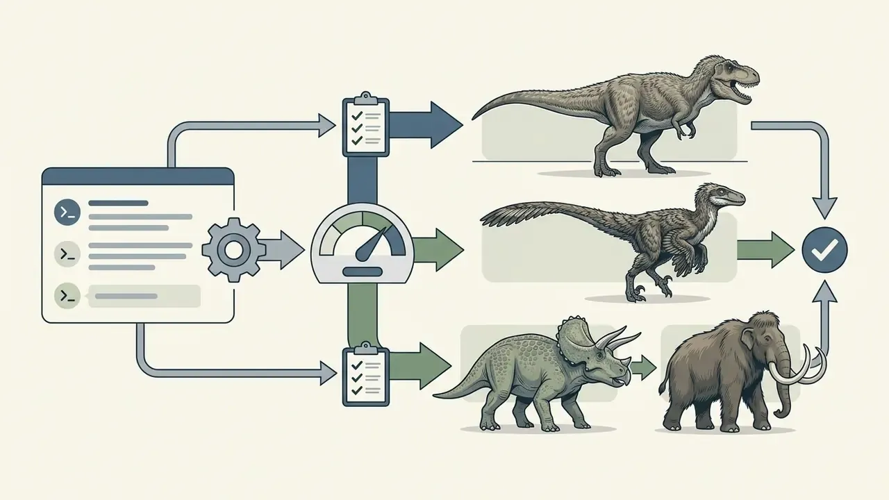 Code input window and gears processing prehistoric animals through checklists and performance gauges