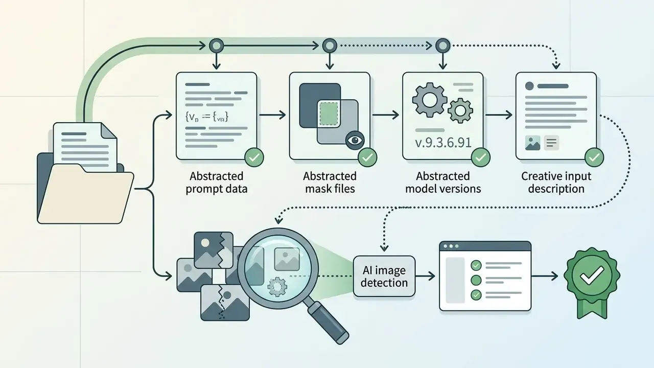 Sequence of document icons leading to an AI detection process and a final compliance badge