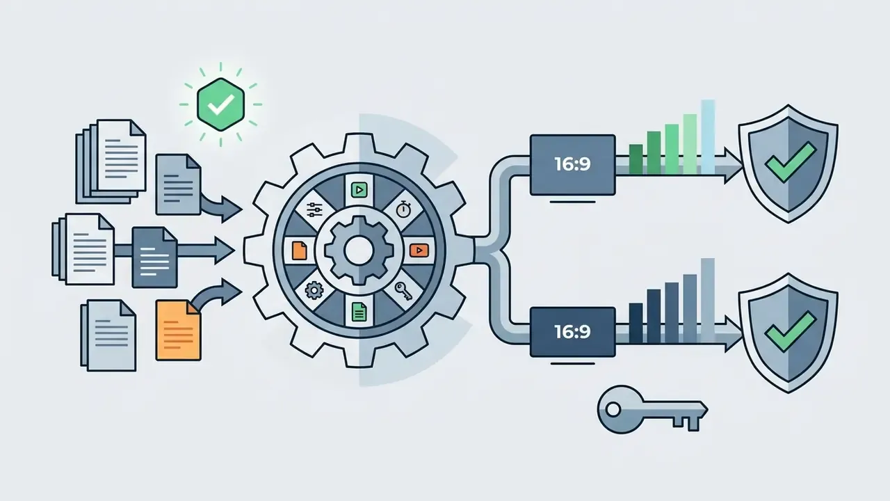 Files feeding into a central gear mechanism that outputs optimized 16:9 video content for YouTube