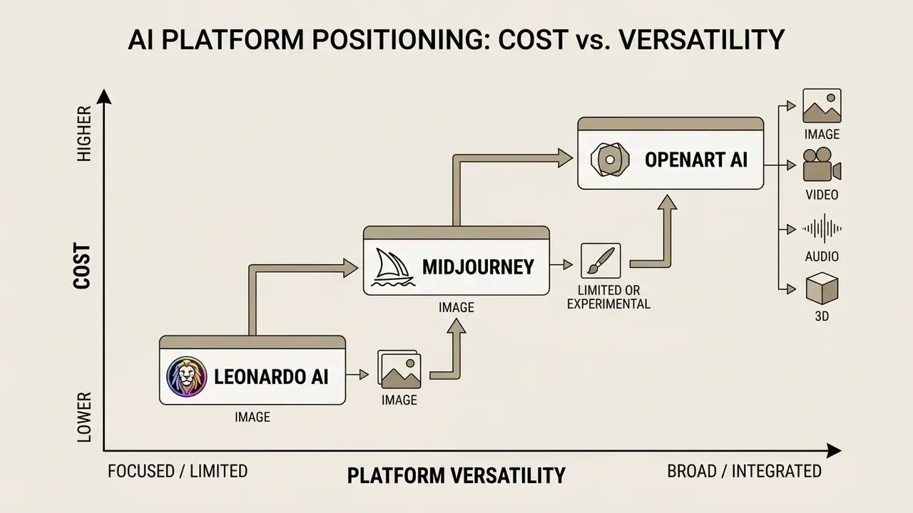 Graph plotting Leonardo AI, Midjourney, and OpenArt AI by cost and functional versatility