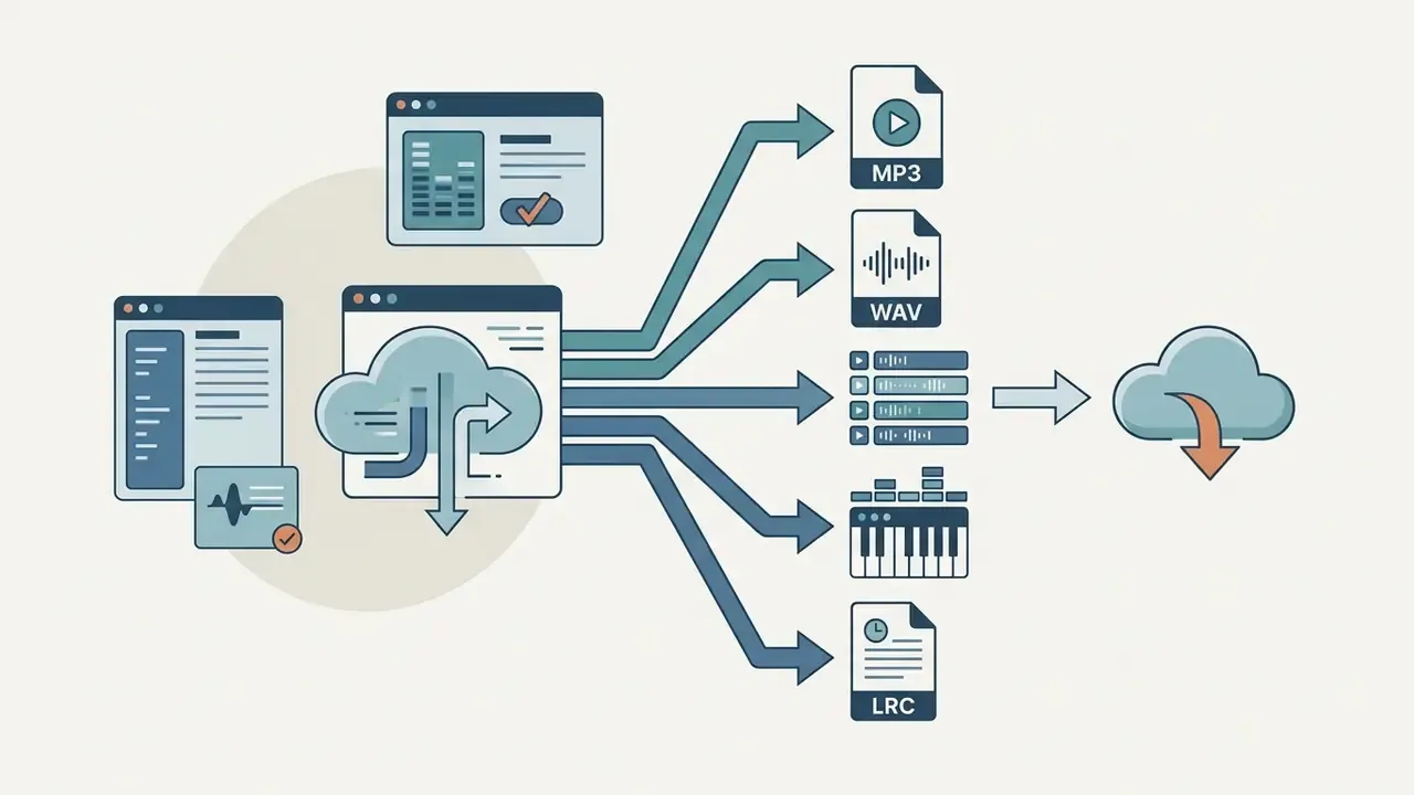 Cloud software interface exporting processed audio files into various digital formats and cloud storage