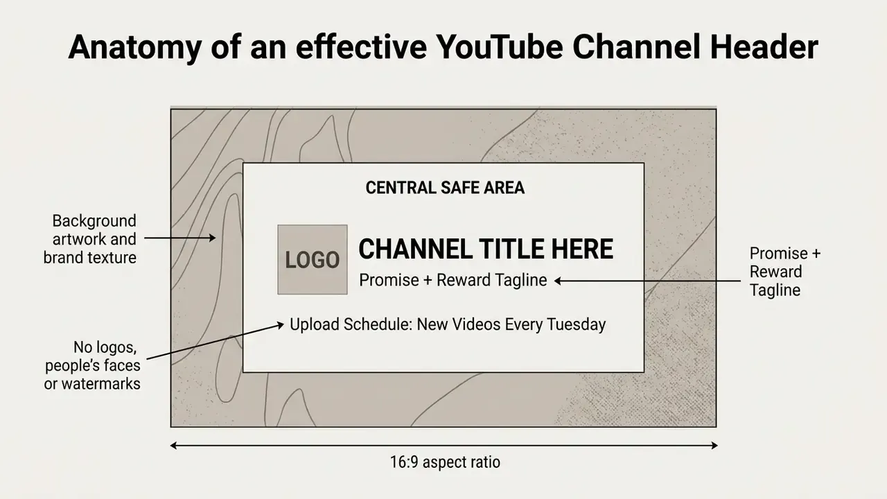 Layout showing the central safe area of a YouTube banner with placeholders for branding and text