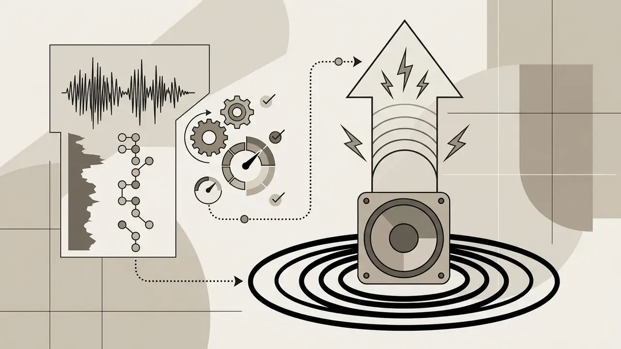 Audio waveform and data nodes connecting to mechanical gears and a speaker emitting sound waves upward