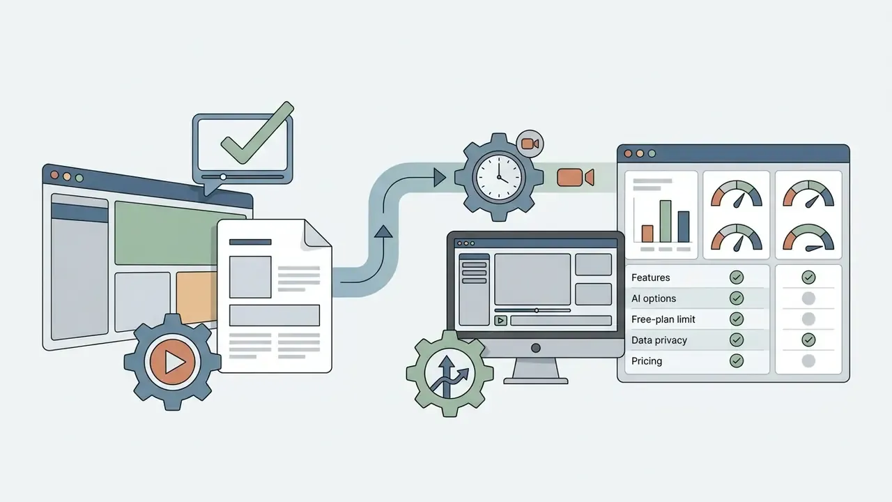 Workflow diagram showing document processing and software features for a best video editor selection