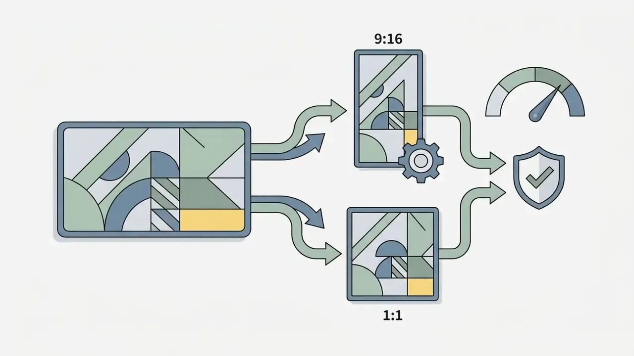 Horizontal master video being reframed into vertical and square formats for social media distribution