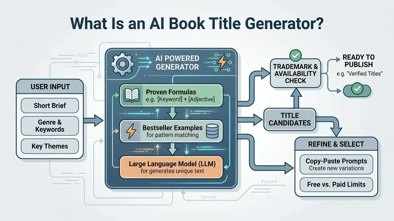 Flowchart showing how user input moves through an AI book title generator to produce final candidates