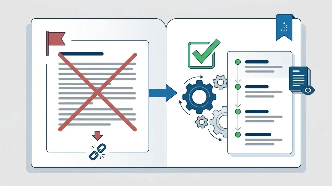 Document with a crossed out section and broken link being transformed into a verified process list