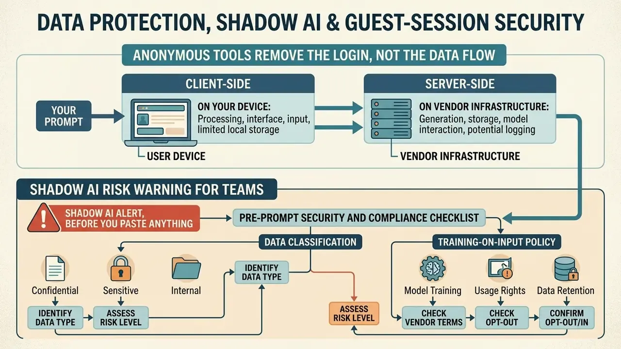 Flowchart illustrating data flow between client devices and vendor servers alongside a security checklist