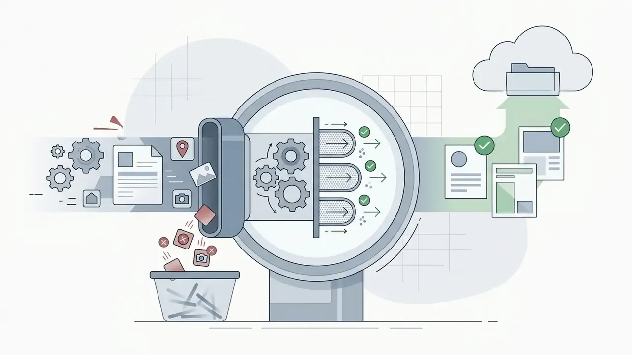 Metadata icons being filtered out of documents and images into a bin before reaching a cloud storage folder