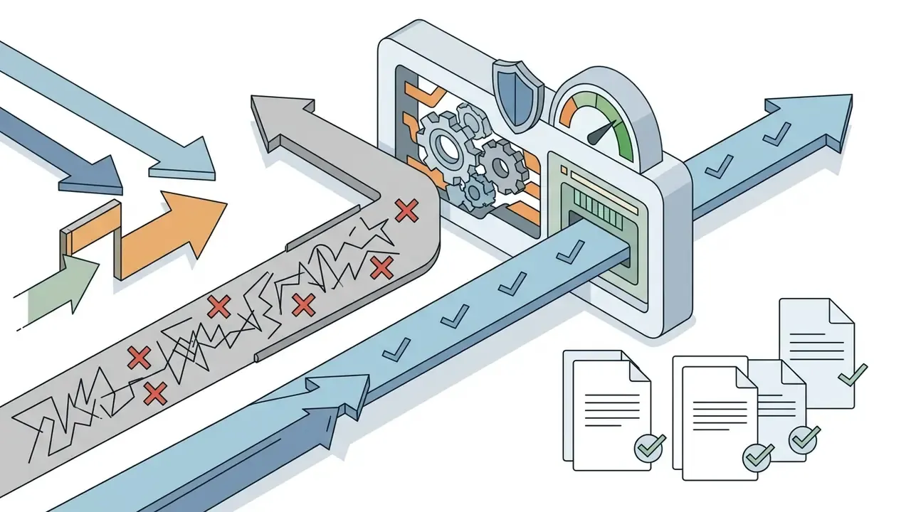 Data streams filtered by a security gate with gears and a gauge to produce validated document outputs