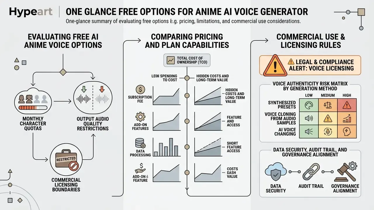 Infographic comparing pricing models, usage limitations, and legal compliance for synthetic voice tools