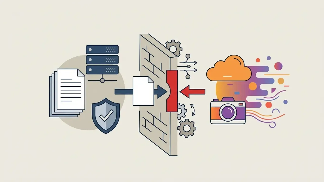 Documents and a server protected by a shield passing through a firewall toward a camera and cloud icon