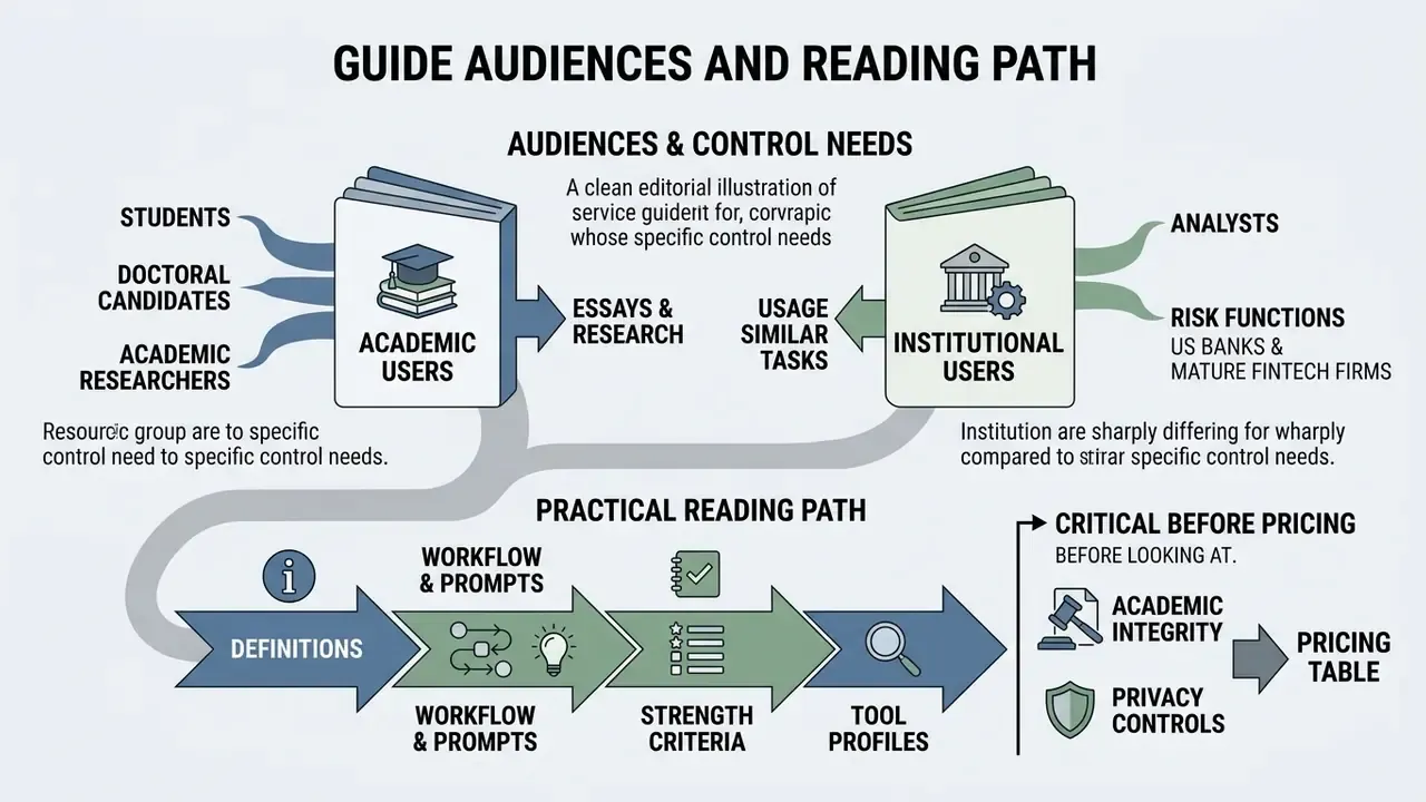 Diagram showing distinct user groups and a sequential reading path for an AI thesis generator guide