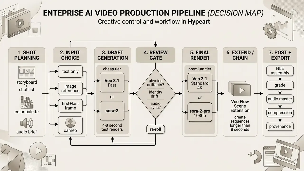 Step-by-step decision map outlining an enterprise AI video production pipeline from planning to export