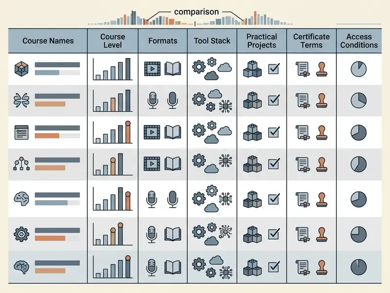 Data table comparing educational program criteria including levels, formats, tools, and certification