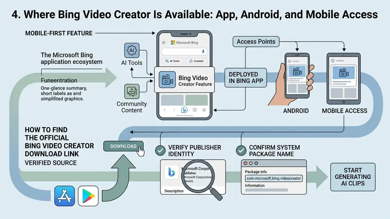 Diagram showing how to access Bing Video Creator on mobile devices and verify official download sources