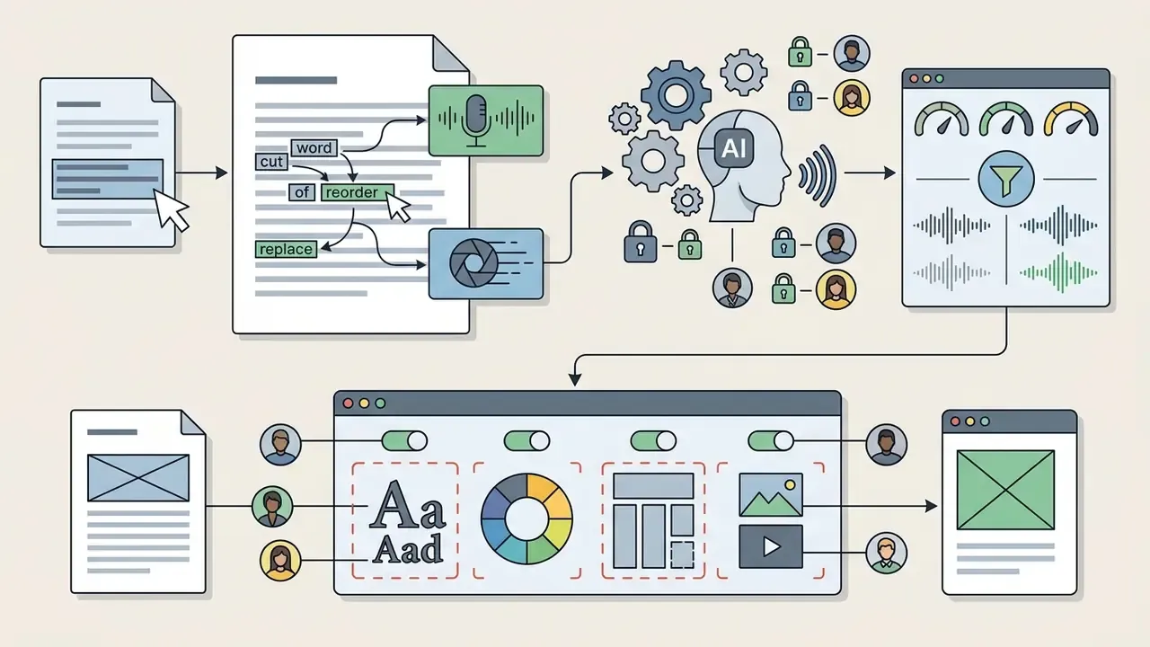 Text editing and team permission controls feeding into audio processing and brand asset management