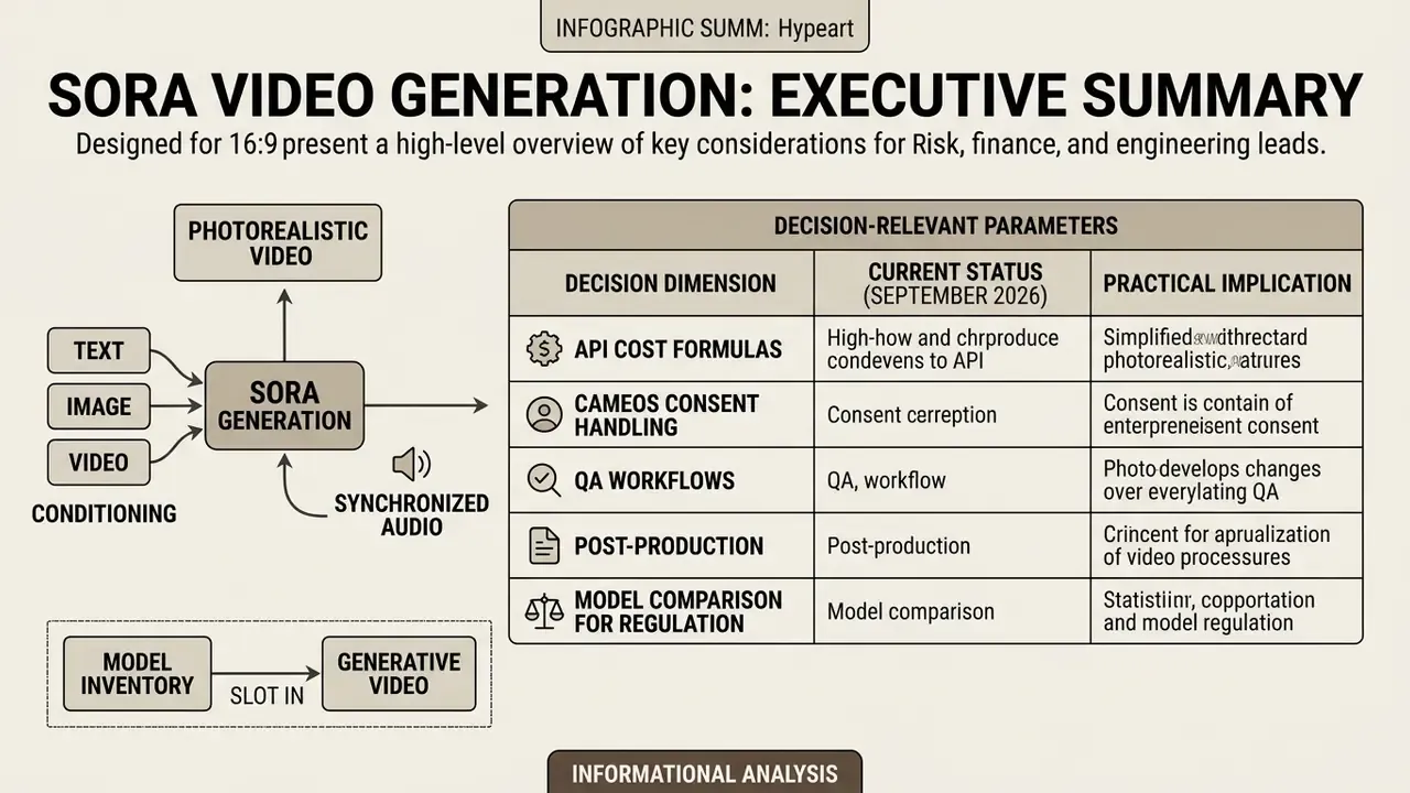 Flowchart showing Sora video generation inputs and a table of decision parameters for executive leads