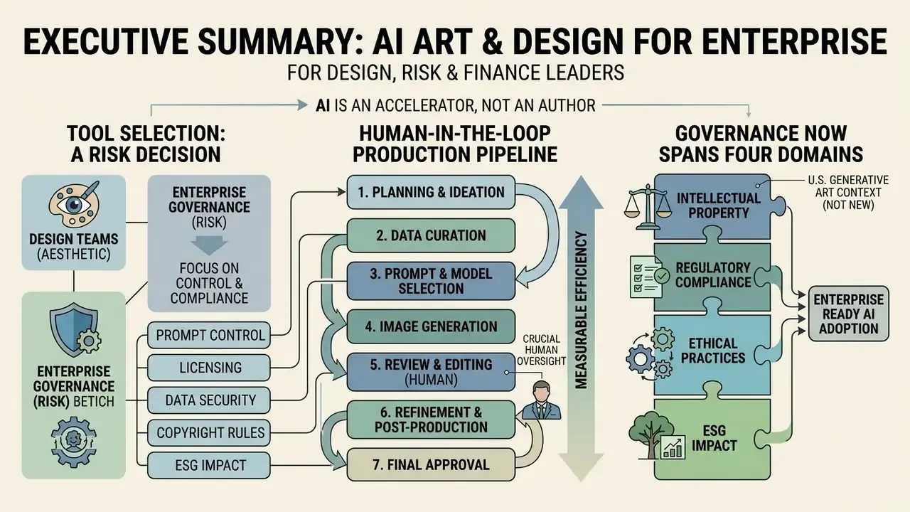 Infographic showing AI art and design workflows, risk management, and governance for enterprise leaders