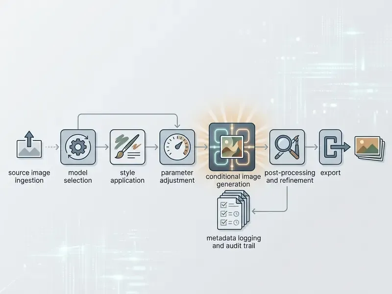 Flowchart illustrating the technical steps from source image ingestion to final AI art export