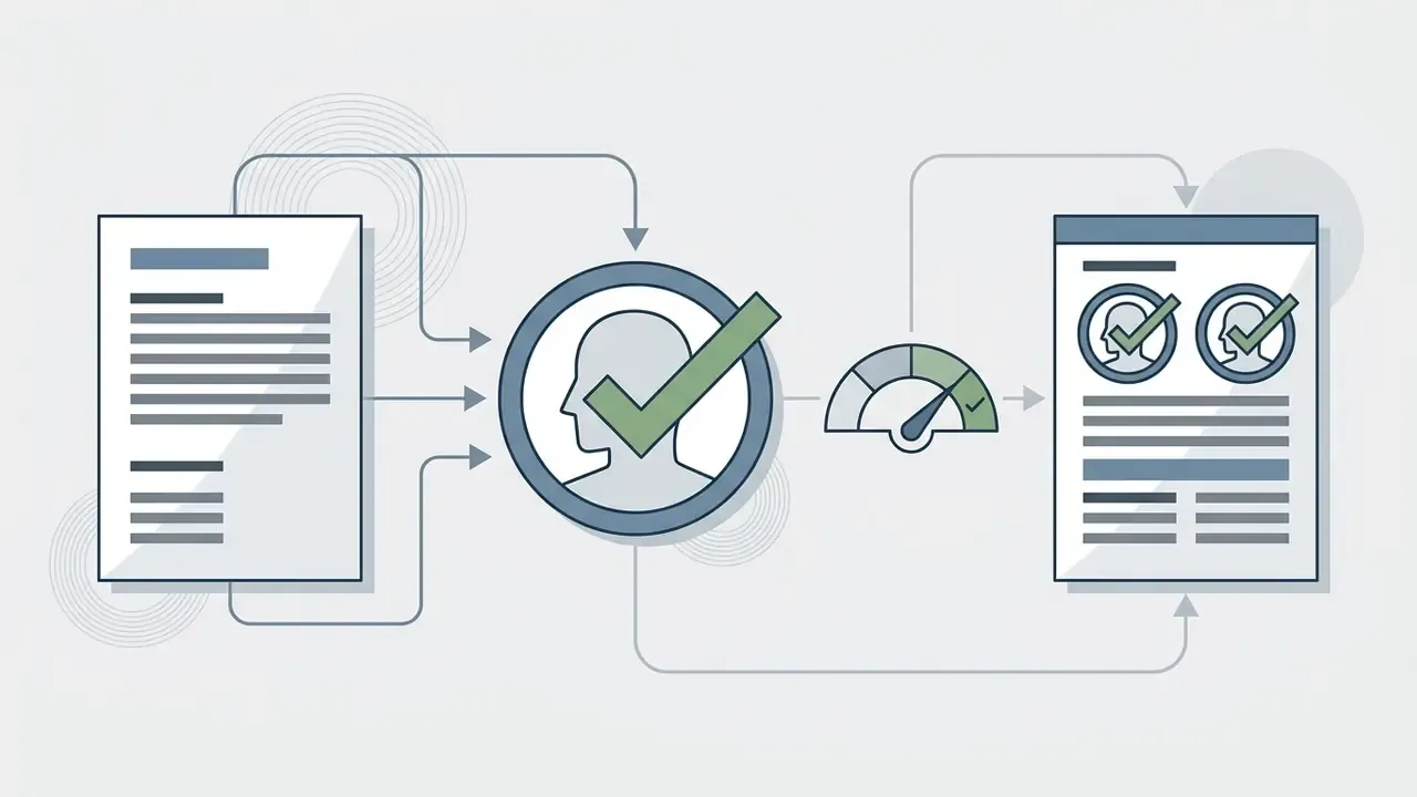 Document flowing through a persona validation icon and speed gauge to a labeled output report