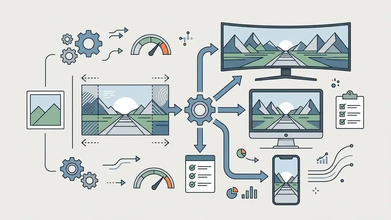 Gears and arrows connecting an image source to various desktop and mobile wallpaper screen formats