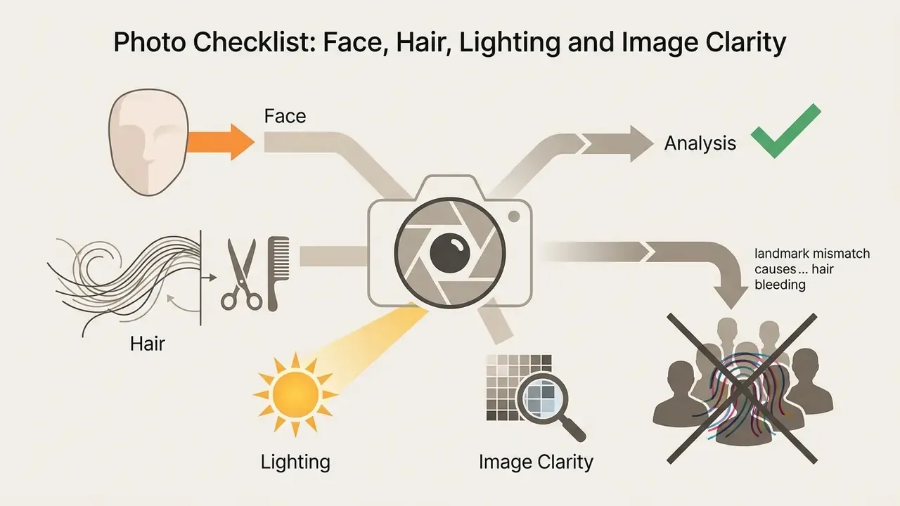 Camera icon connecting face, hair, lighting, and clarity factors to successful analysis or group errors