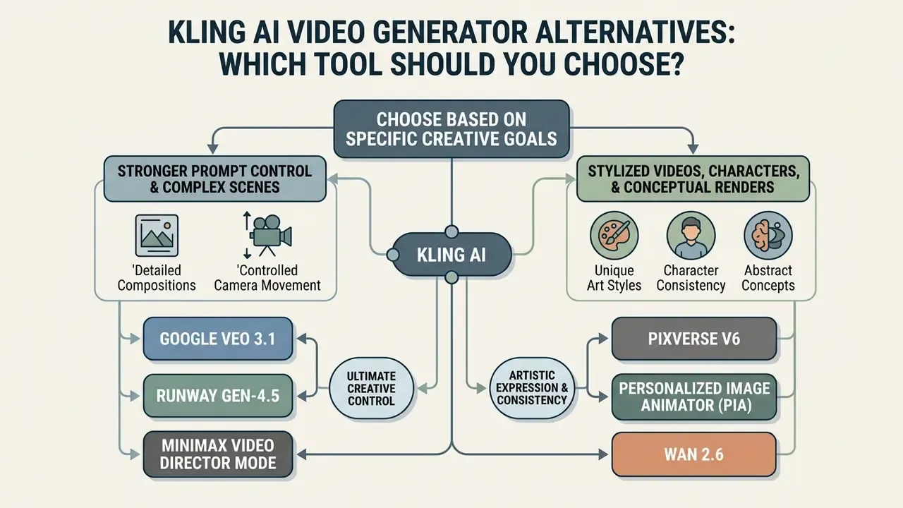 Flowchart categorizing video AI tools by creative goals such as prompt control or stylized rendering