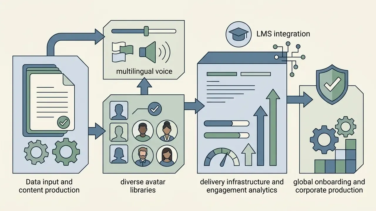 Process flow showing content production moving through avatar and voice tools to corporate onboarding